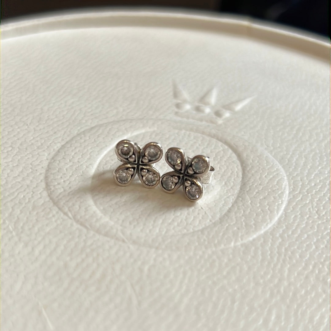 Genuine Pandora Clover Four Petal Flower Pave Earrings