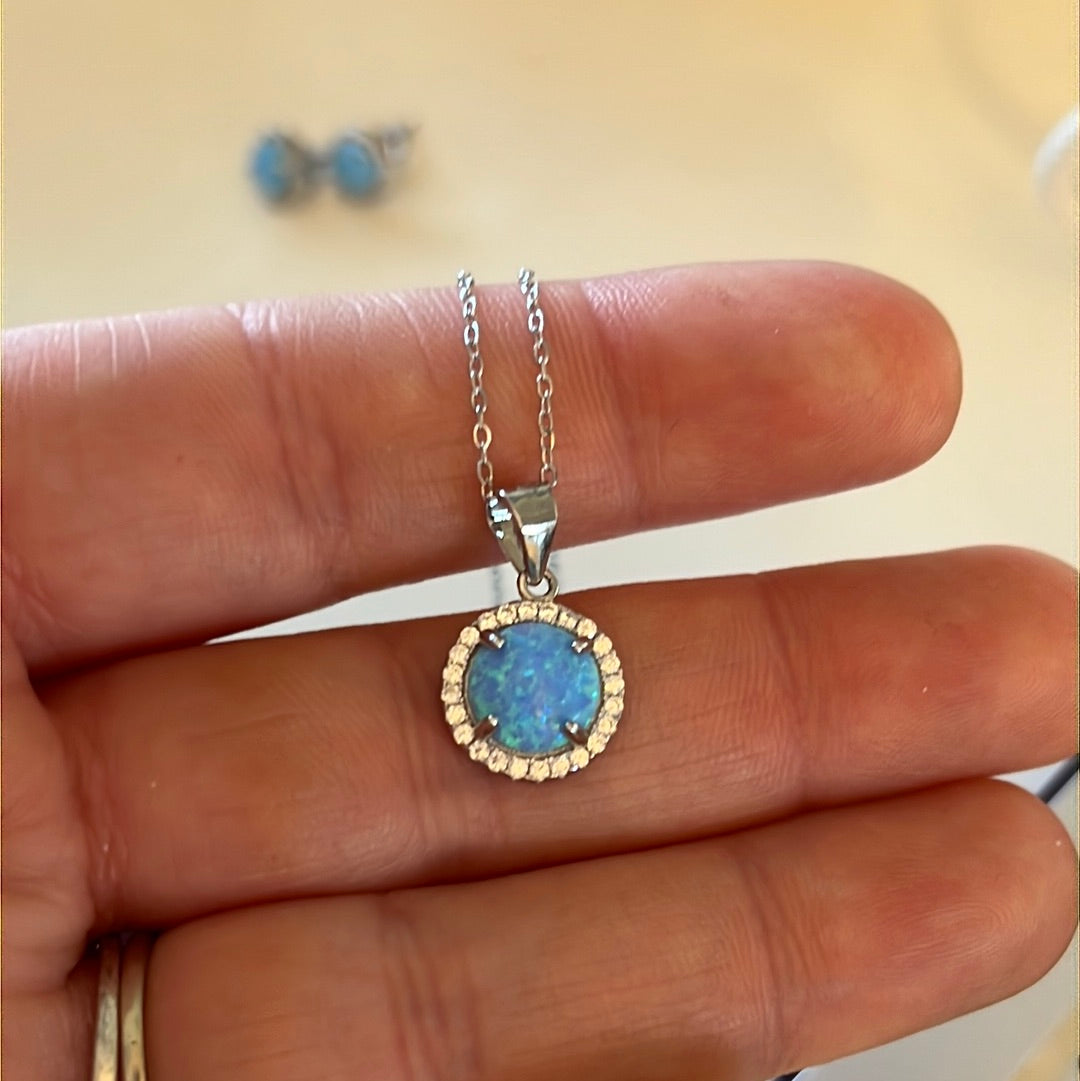 Sterling Silver Beautiful Blue Opal and CZ Necklace 45cm