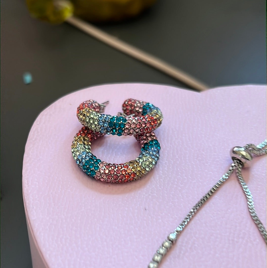 Silver Plated Beautiful Colourful Statement Pave CZ Large Hoops