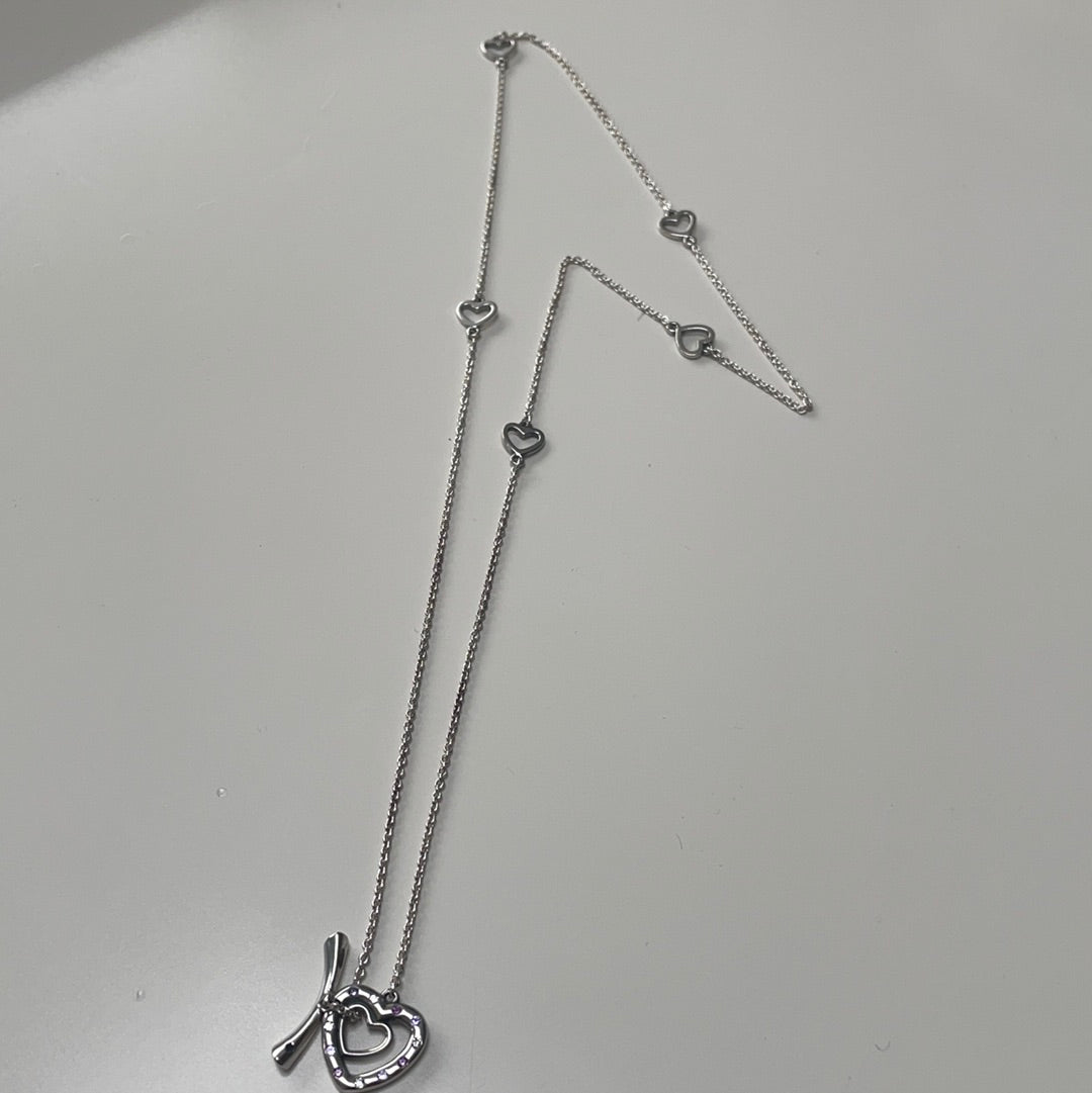 Genuine Pandora T bone Pave Heart Necklace 50cm drop