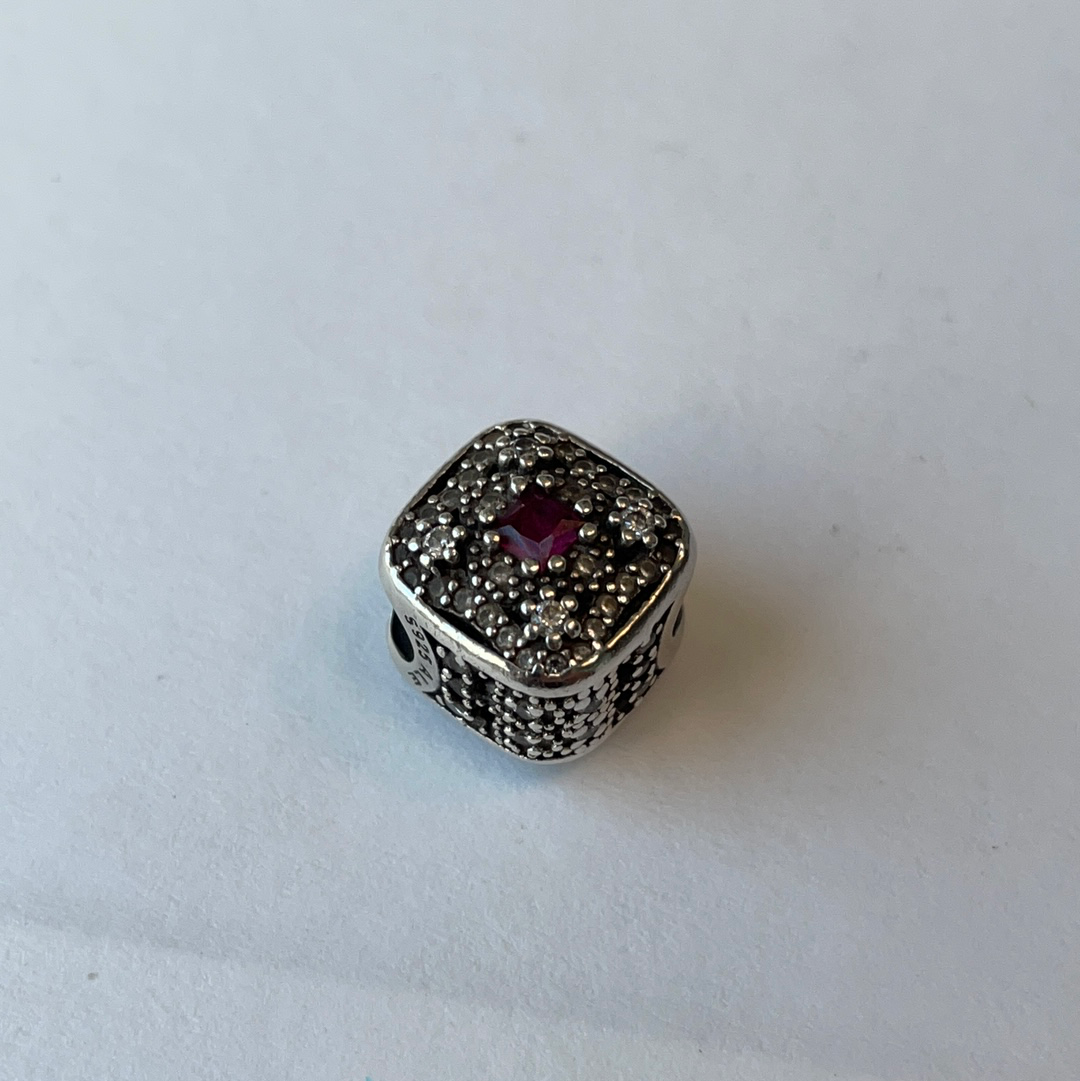 Genuine Pandora Pave Square Clear and Pink Flower Stone Christmas Charm