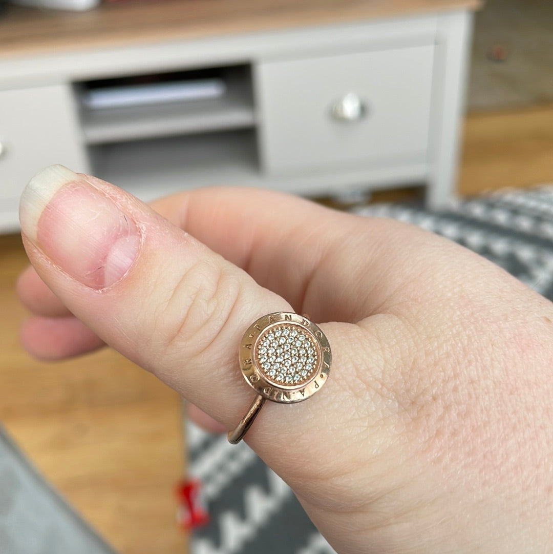 Genuine Pandora Rose Gold Large Pave Signature Circle Ring Size 60