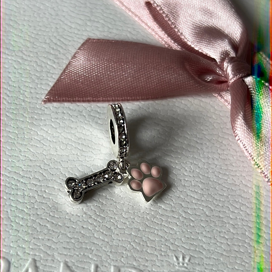 Sterling Silver Paw Print Enamel Dangle and Pave Bone Charm
