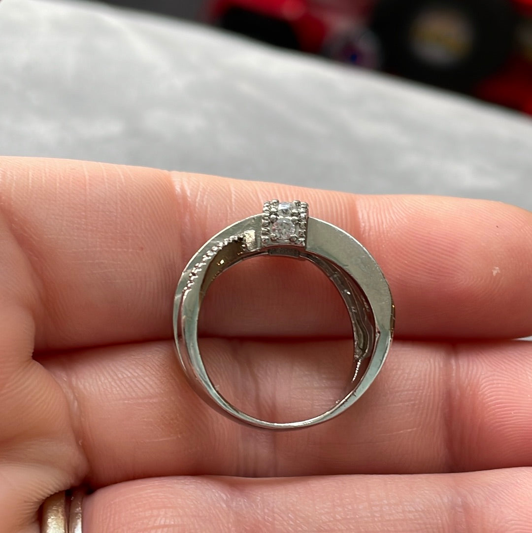 Sterling Silver Pave and CZ Black and Clear Crossover Bow Ring Size 52
