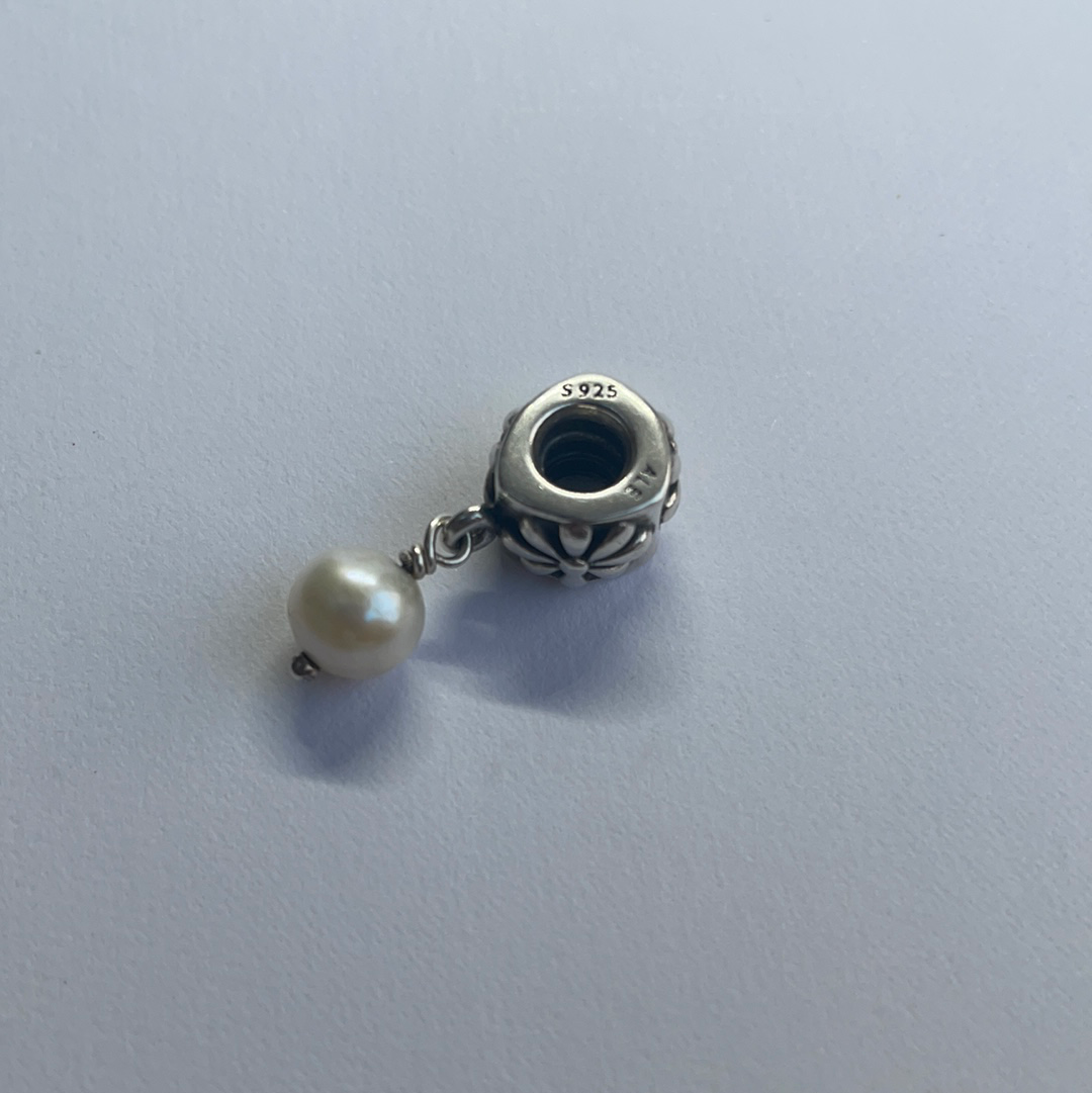 Genuine Pandora Pearl and Flower Droplet Charm Dangle