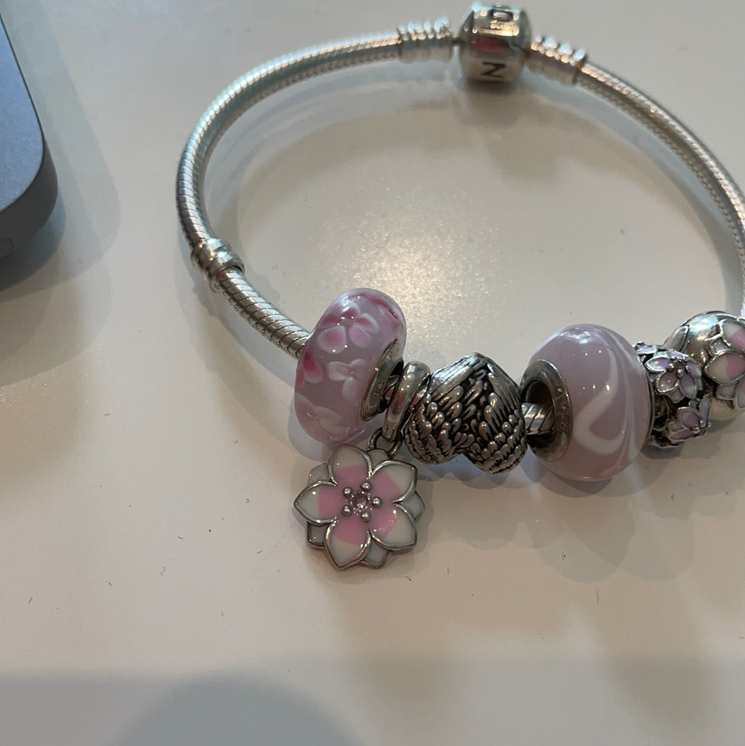 Unbranded Brand New Starter Bracelet. Sterling Silver Pink Magnolia Flower and Angel Set