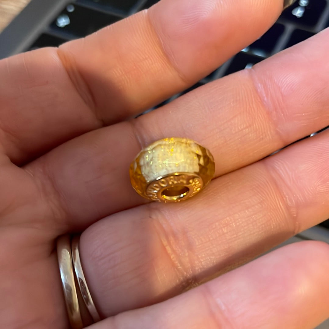 Genuine Pandora Gold Shine Golden Glitter Fleck Faceted Glass Charm