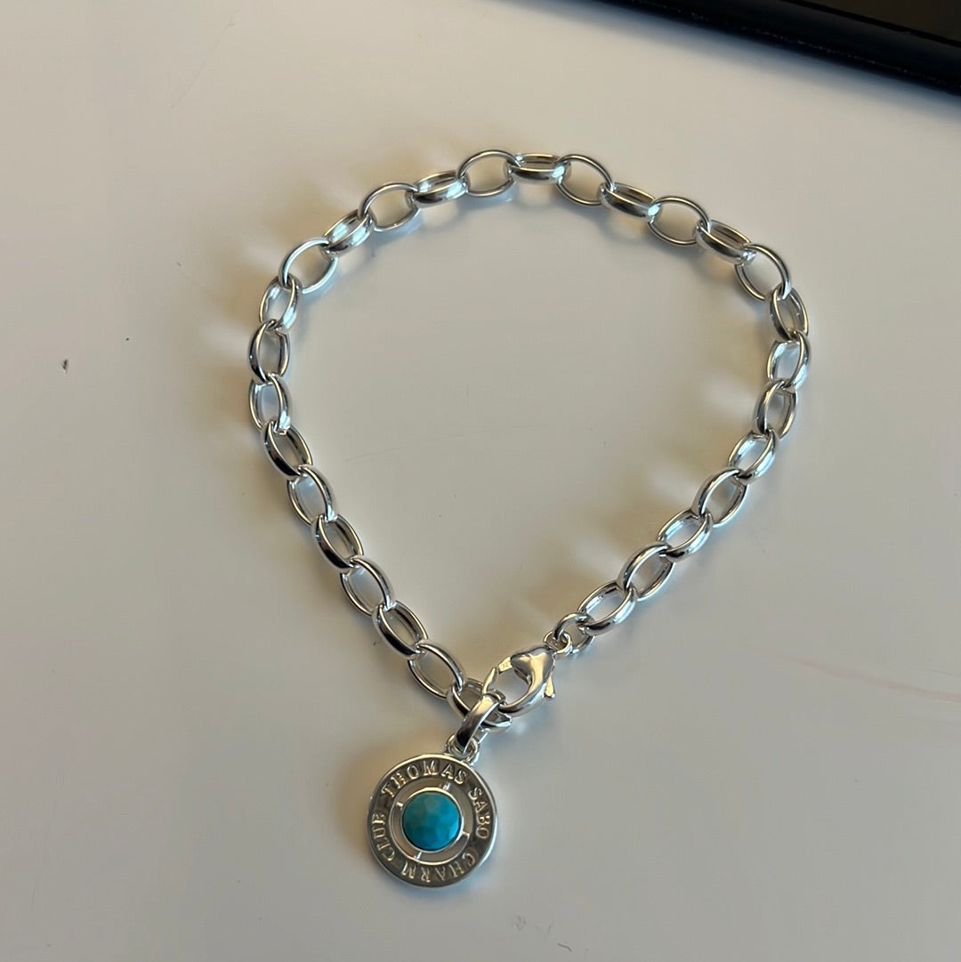 Thomas Sabo Sterling Silver Club Charm Clasp Links Bracelet Turquoise 18cm