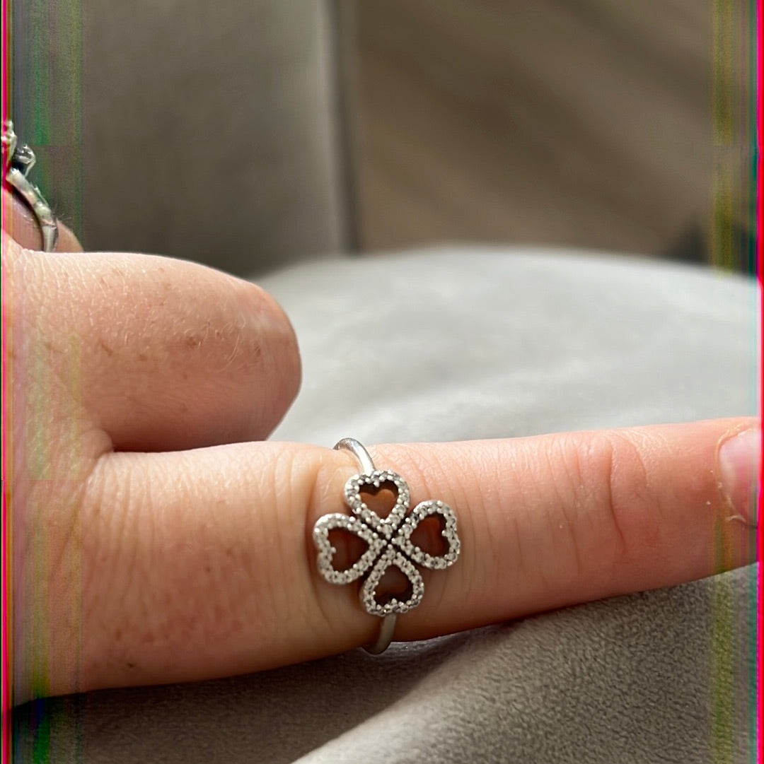 Genuine Pandora Pave Heart Clover Flower Ring 54