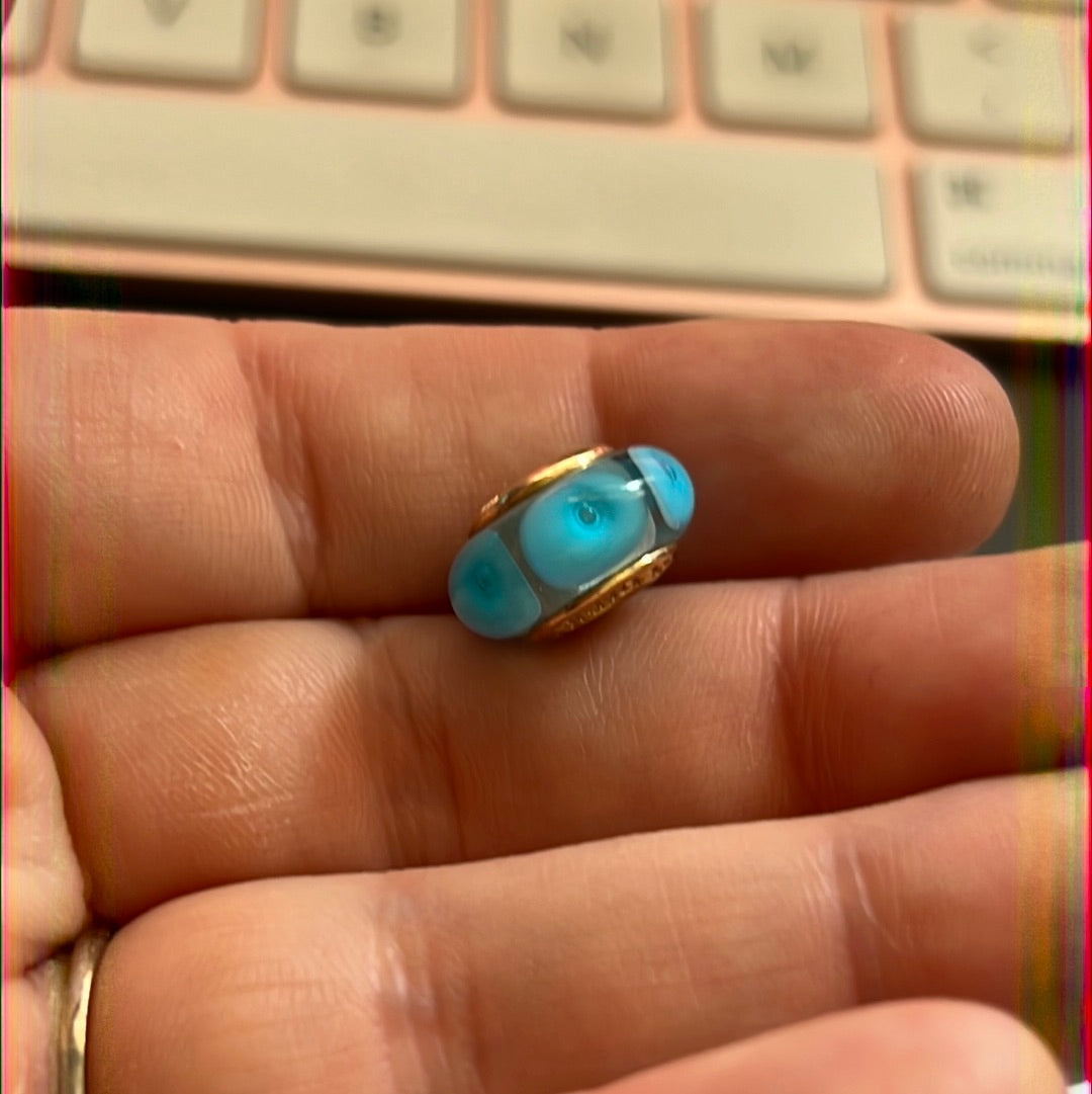 Genuine Pandora Solid 14ct Blue Bullseye Gold Glass Mystic Murano Charm HTF