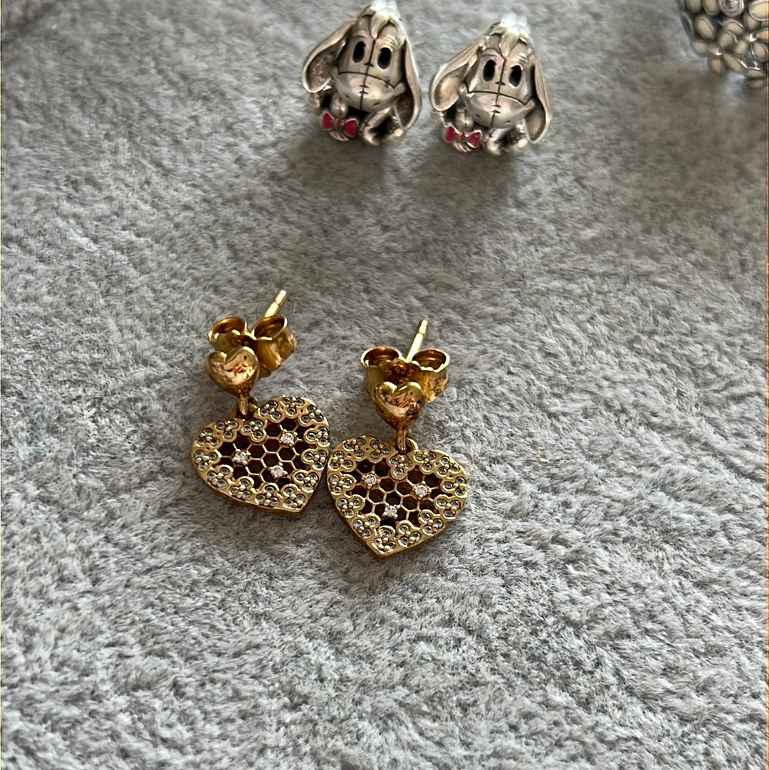Genuine Pandora Shine Gold Pave Honeycomb Lace Stud Dangle Earrings