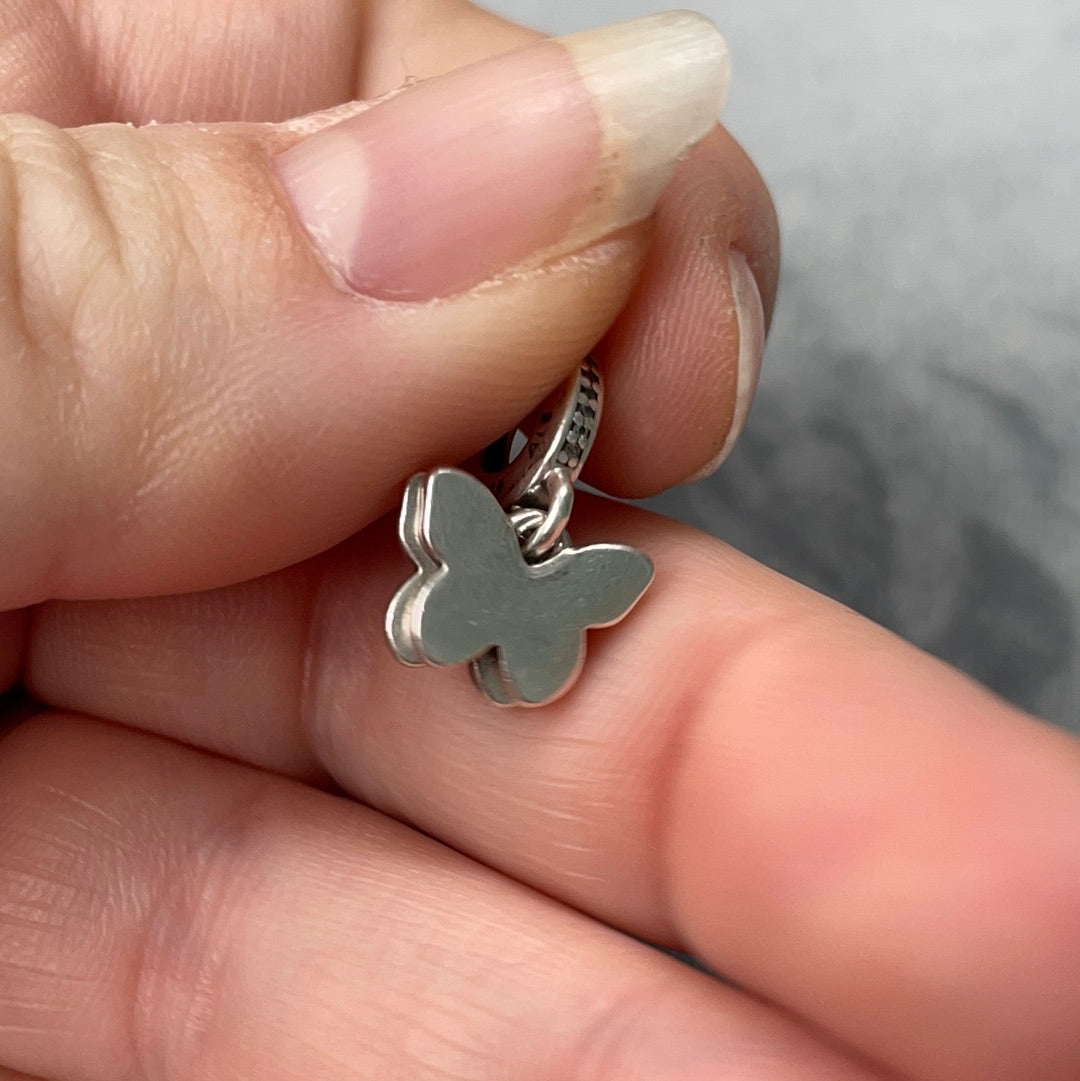 Genuine Pandora Butterfly Pave Double Dangle Charm With 'Just Because' inscribed