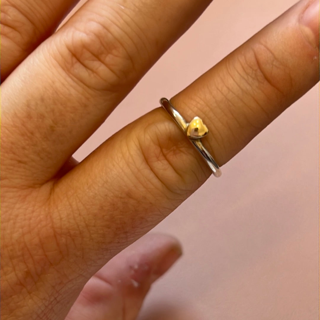 Genuine Pandora Silver with 14ct Gold Tiny Heart Ring 56