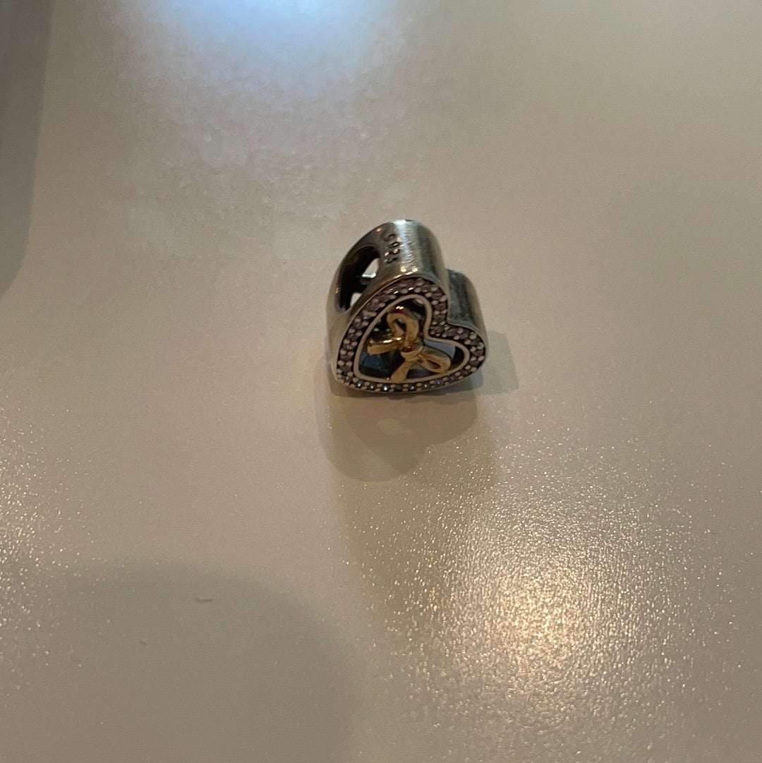 Genuine Pandora Openwork Pave Heart Shaped Charm With Gold Bow