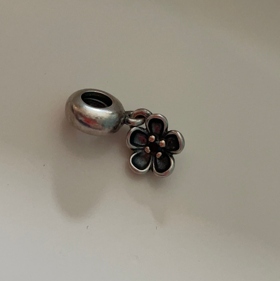 Genuine Pandora Gold And Silver Oxidised Viola Dangle Charm Black Spinel Flower