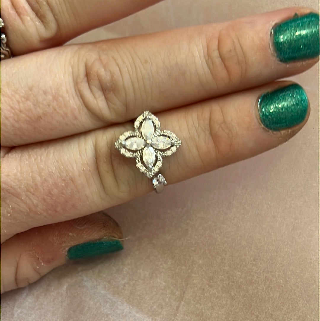 Beautiful Adjustable Anxiety Spinning Ring - Pave Clear Large Poinsettia Flower Ring