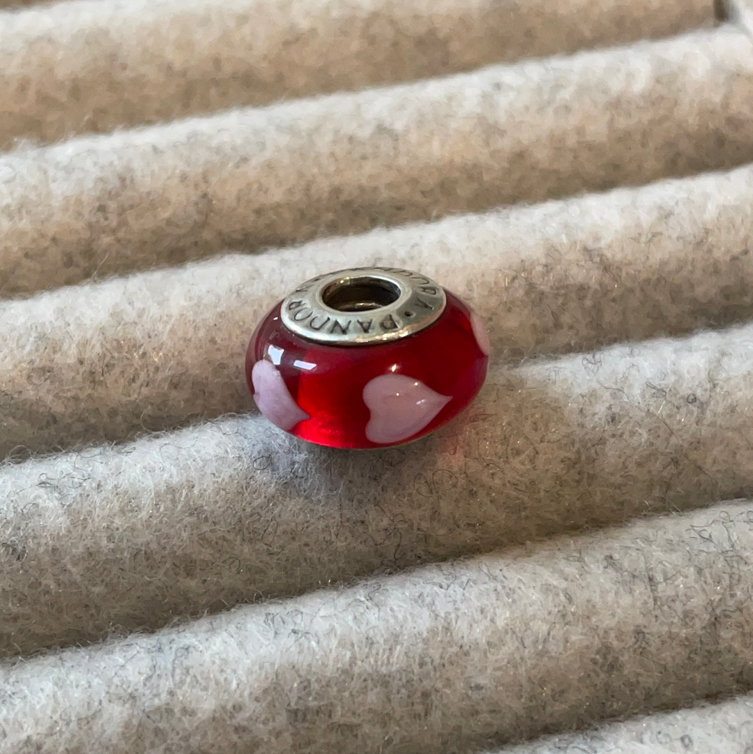 Genuine Pandora Red Murano Glass Charm with Hearts