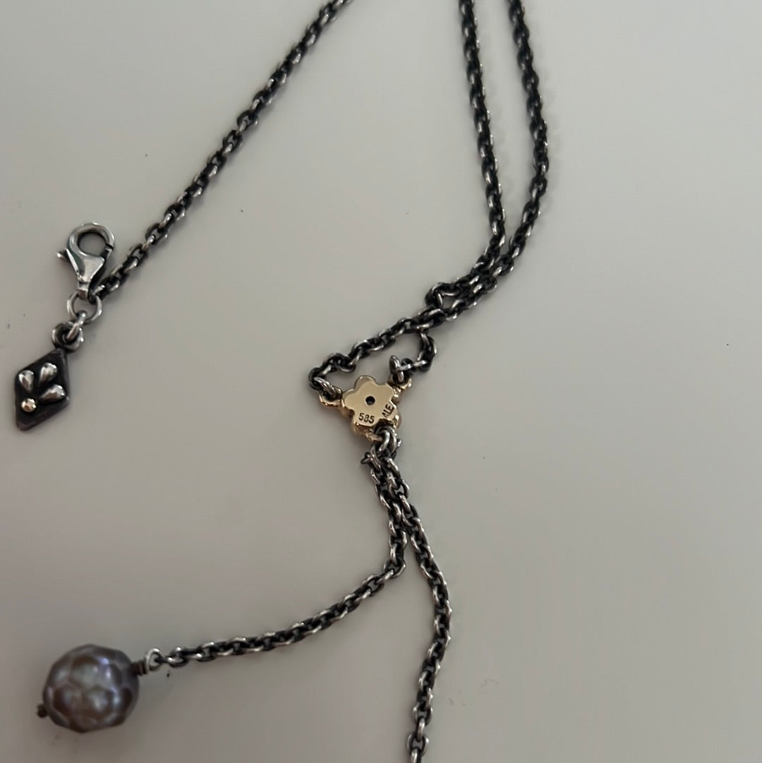 Genuine Pandora Rare Two Tone & Diamond Flower Faceted Grey Pearl Hyper Rare Necklace