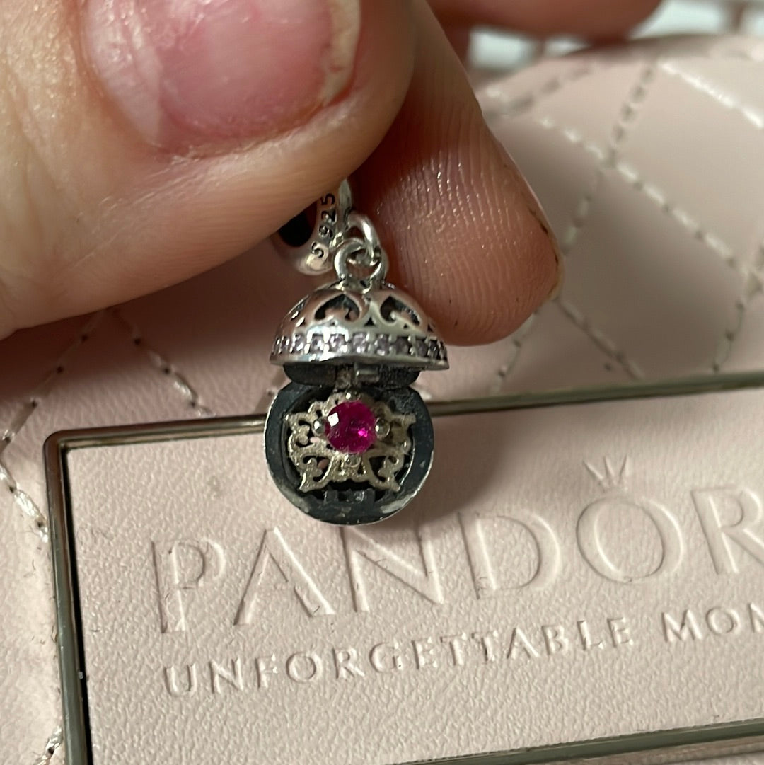 Sterling Silver Openable Pave Sparkle Dangle Charm With Pink Stone Inside Beautiful