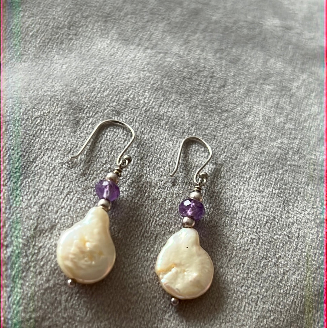 Silver Plated Dangle Earrings with Baroque Freshwater Pearls and Purple Stone