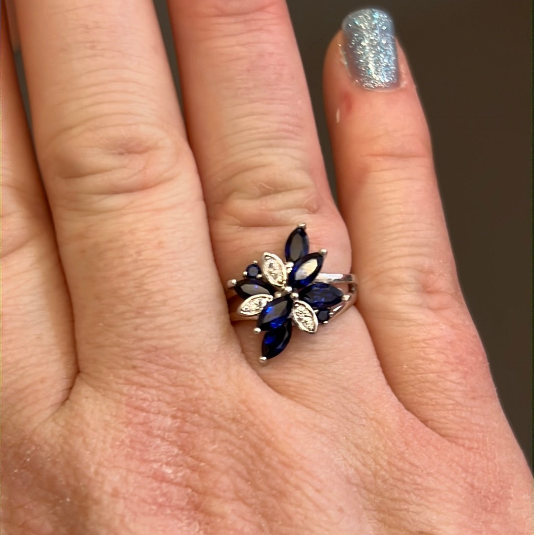 Sterling Silver Pave CZ Blue Bunch of Flowers Ring Size 56