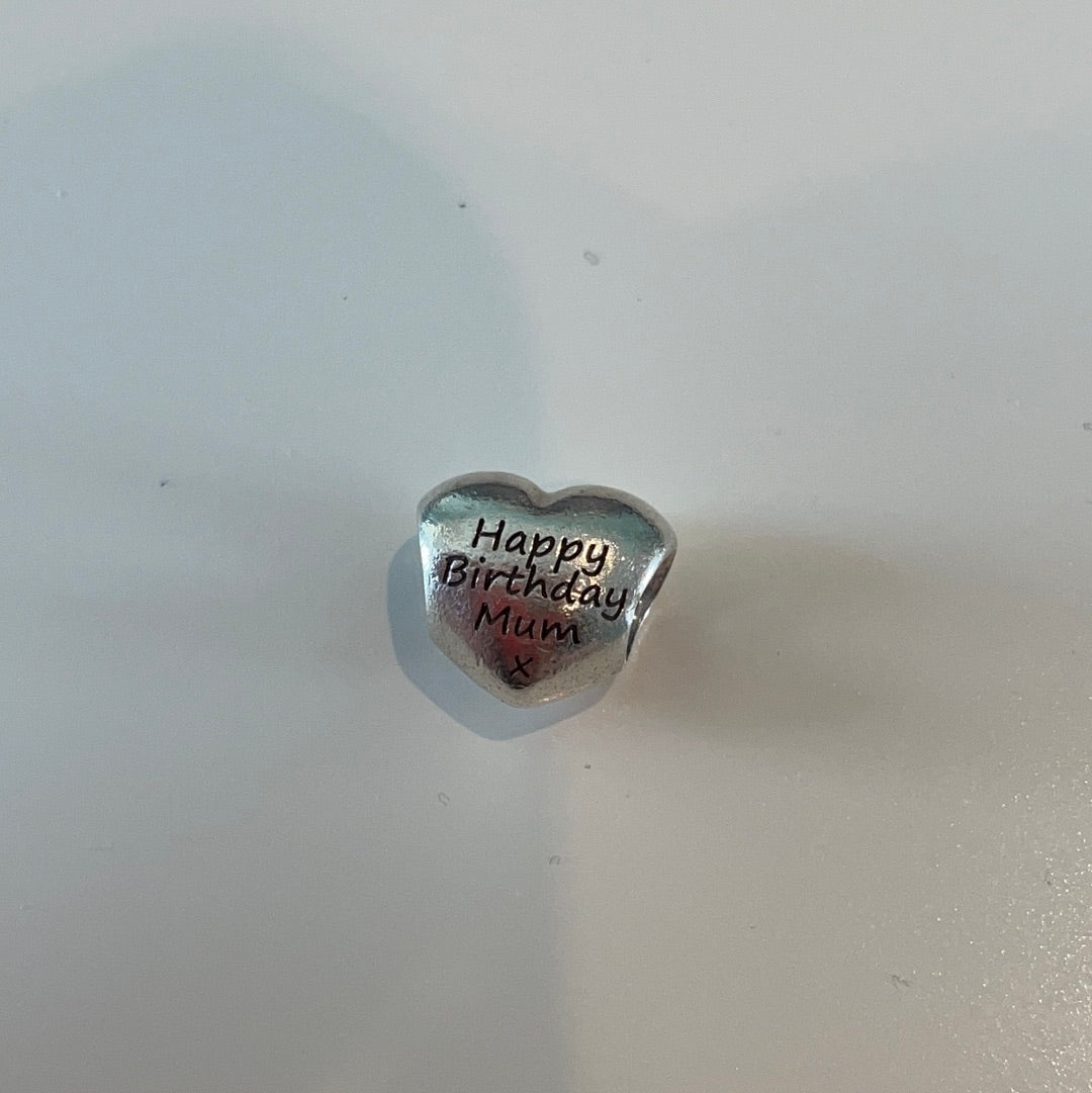 Genuine Pandora Puffed Heart Charm Inscribed 'Happy Birthday Mum'