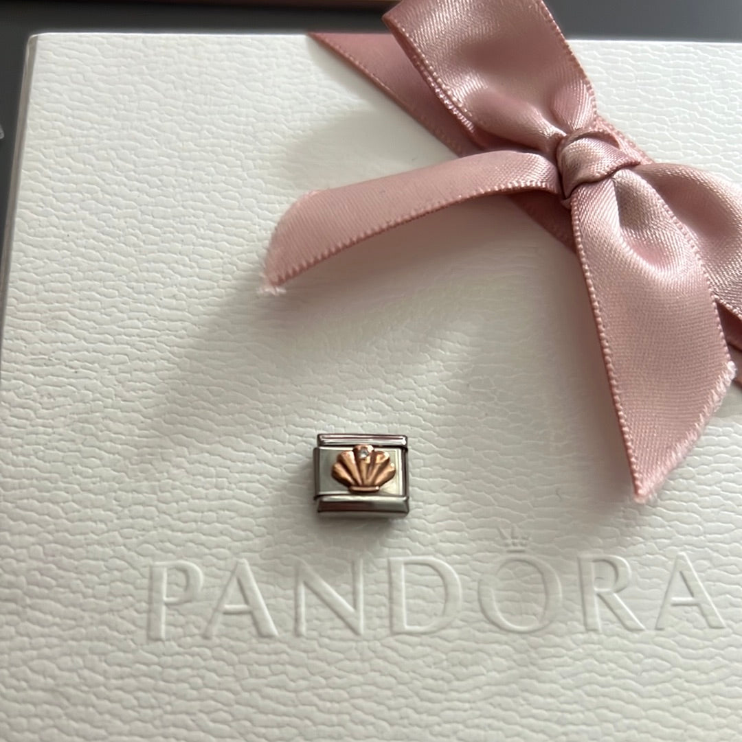 Genuine Nominations Silver Link Charm Rose Gold Accent Shell Cz