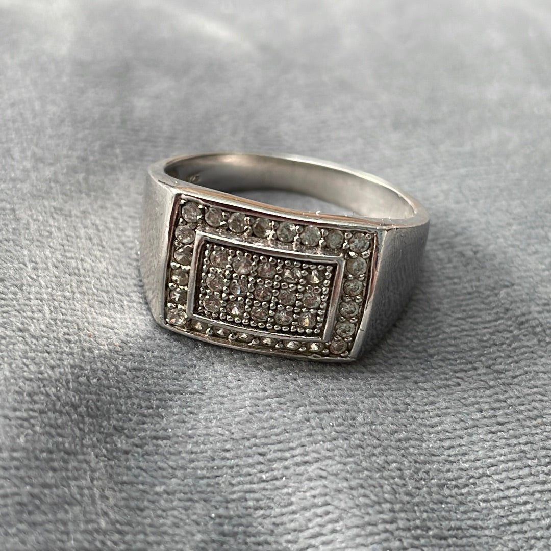 Sterling Silver Pave CZ Rectangle Statement Ring Size 64 Mens