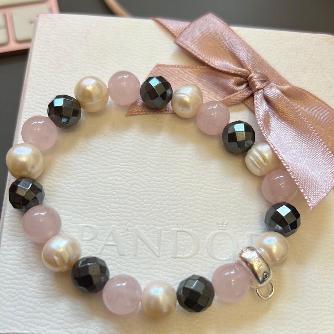 Thomas Sabo Sterling Silver Club White Pearl, Grey Hematite and Pink Dumortiertite Bracelet Medium