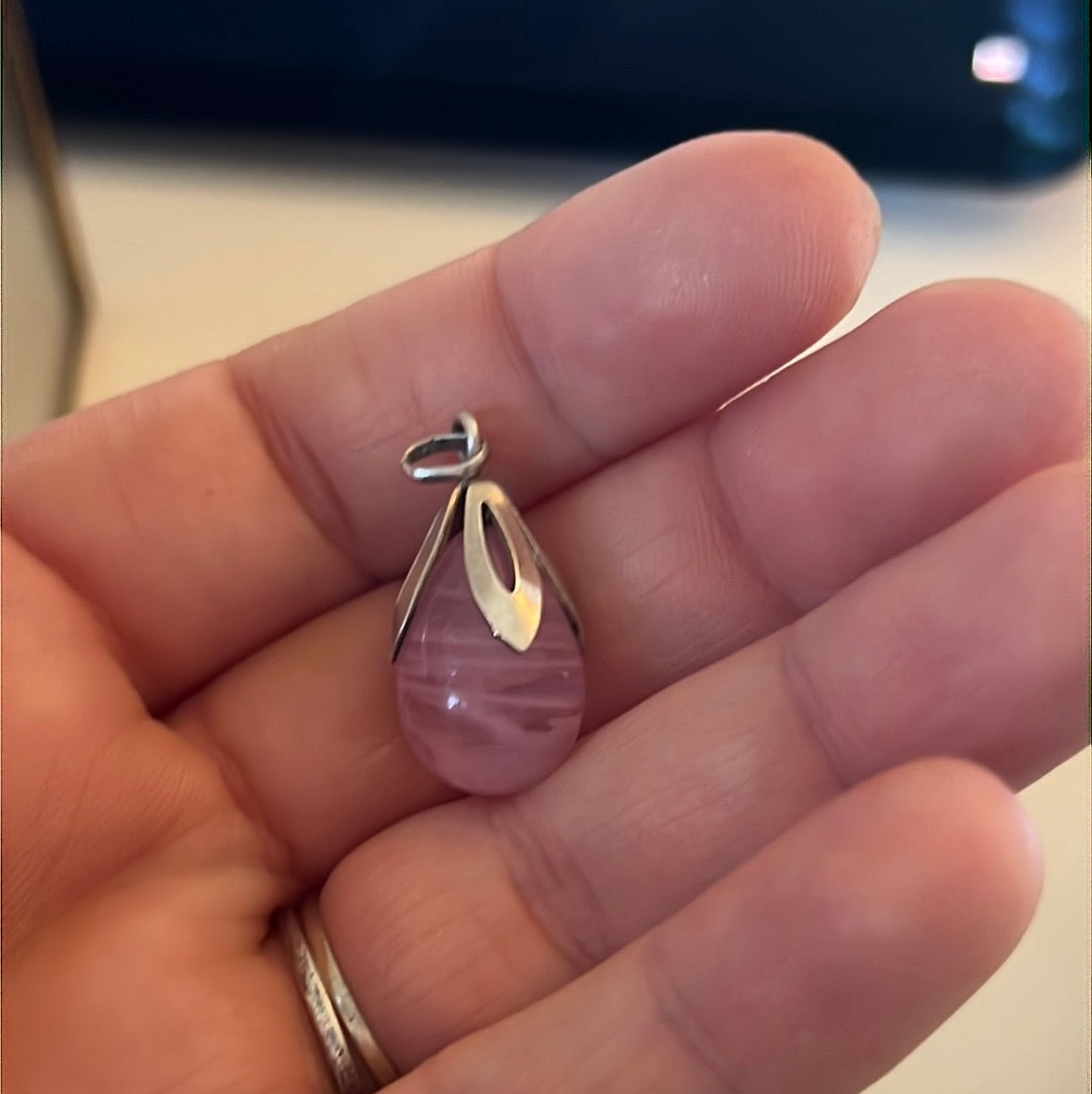 Sterling Silver Flower Pendant with Large Pink Glass Droplet
