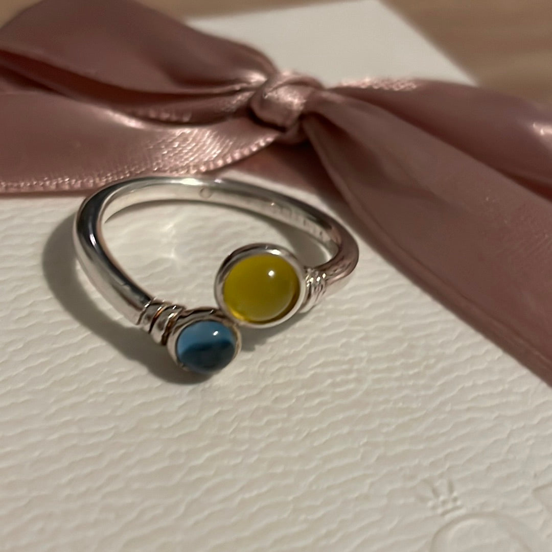 Genuine Links of London Sterling Silver Rare and Retired Yellow and Blue Ukraine Ring in Size 56 HTF