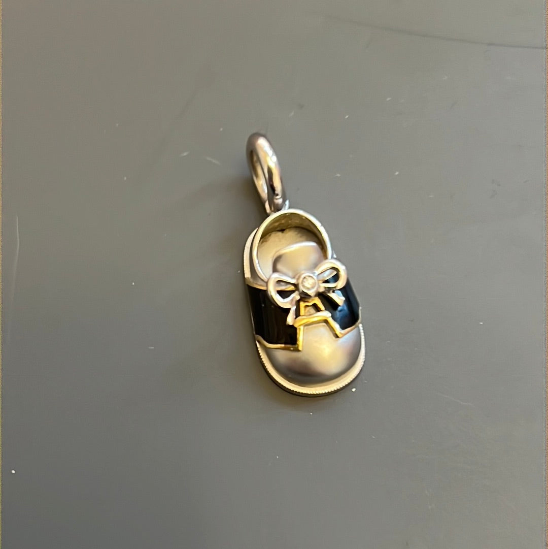 Genuine Aaron Asha 18kt White Gold and Diamond Baby Shoe Pendant Black Enamel