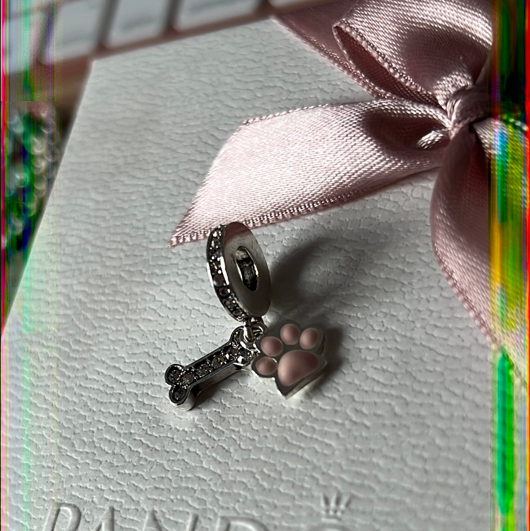 Sterling Silver Paw Print Enamel Dangle and Pave Bone Charm