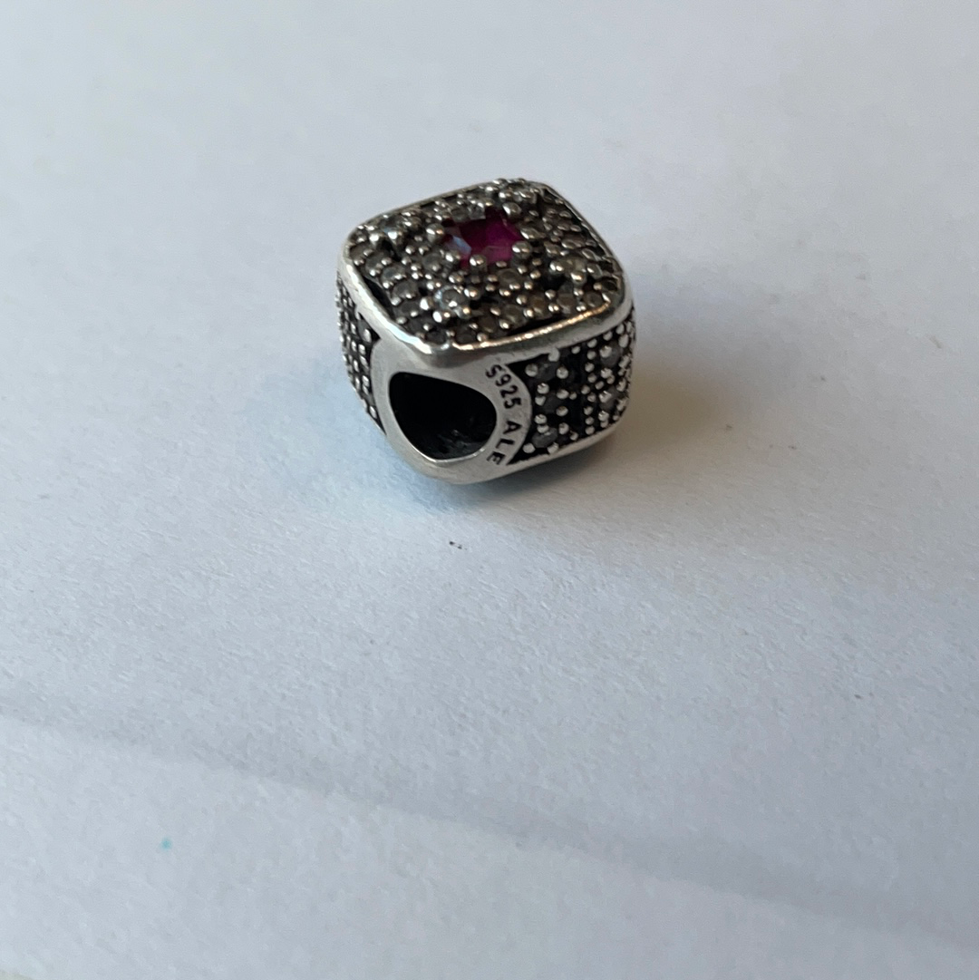 Genuine Pandora Pave Square Clear and Pink Flower Stone Christmas Charm