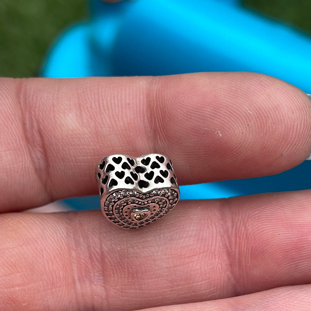 Genuine Pandora Pave Levelled Heart With Gold CZ Charm