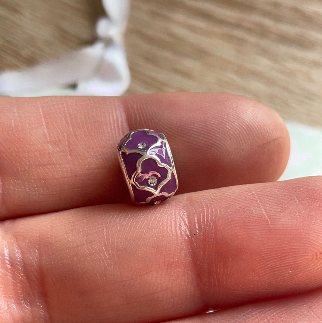 Genuine Chamilia Enamel Purple Abstract Flower Charm With Small CZ Design