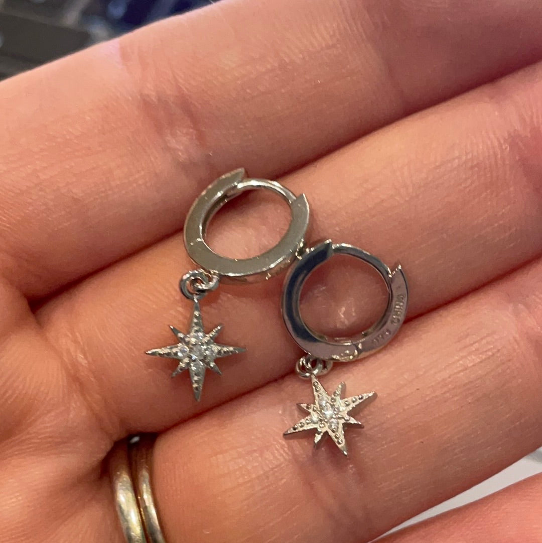 Brand New Sterling Silver Clear Pave Star Dangle Earrings