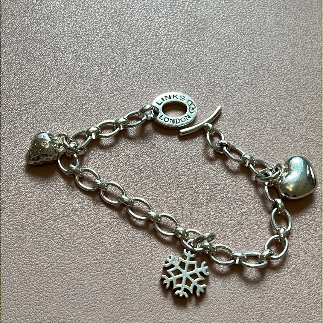 Genuine Links of London Sterling Silver T-Bar Charm Bracelet With 3 Non Removable Charms
