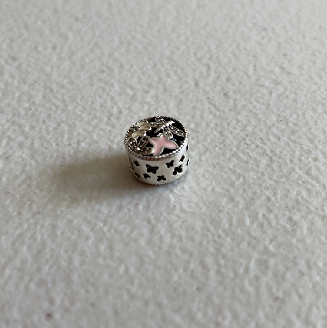 Genuine Pandora Dragon Fly Pave Flower Cream Enamel Open work Charm