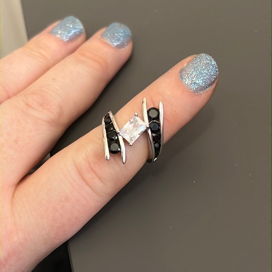 Sterling Silver Pave and CZ Black and Clear Crossover Ring Size..