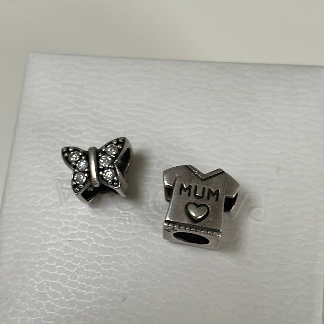 Sterling Silver Pair of Charms Mum and Pave Butterfly