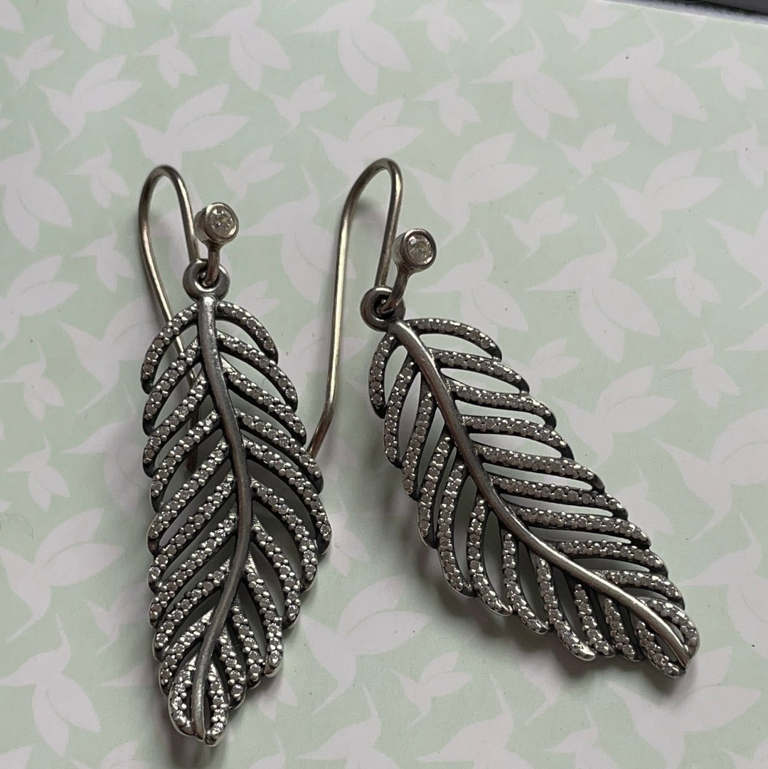 Genuine Pandora Pave Leaf Feather Dangle Compose Charms For Earrings RARE
