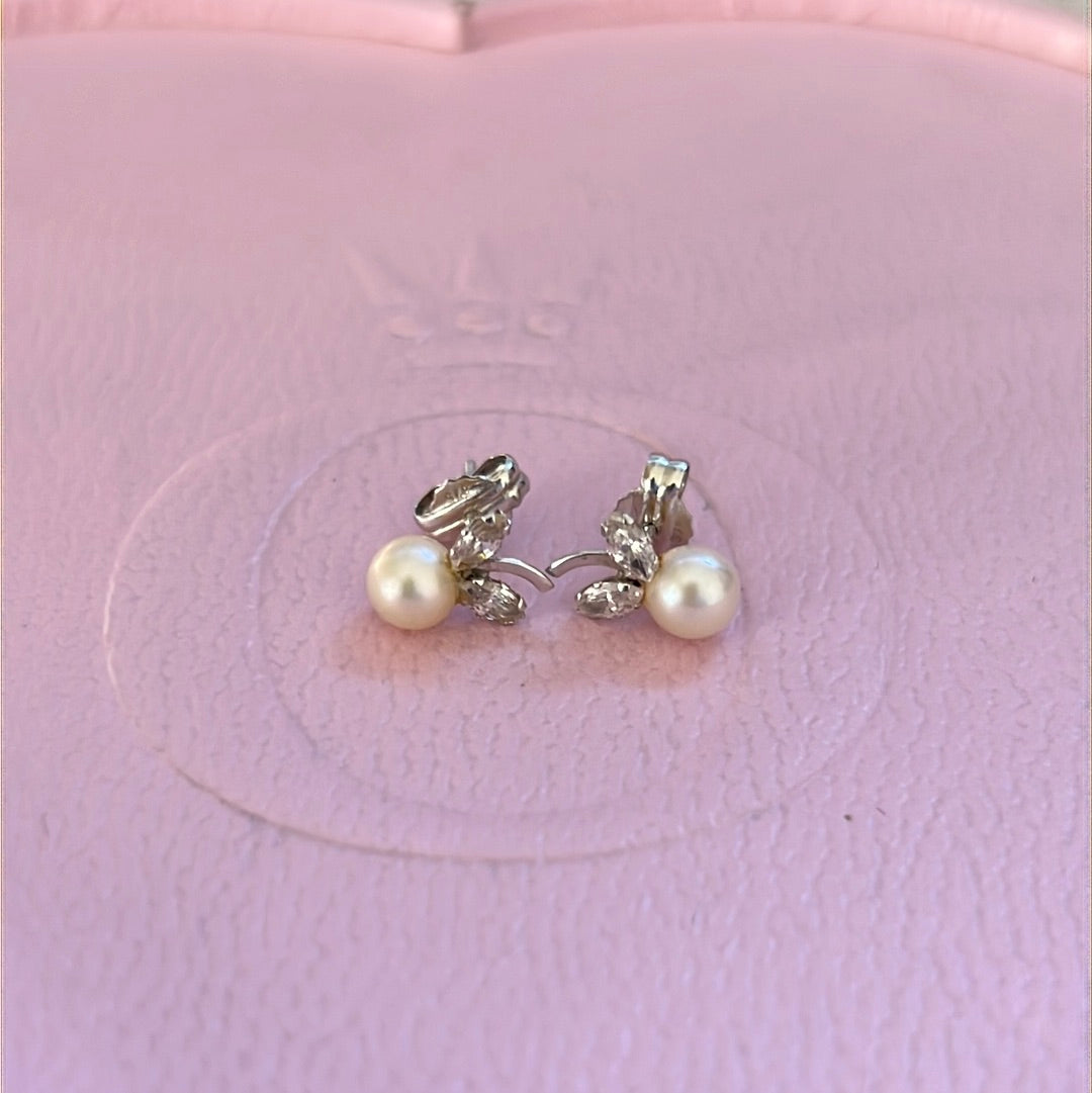 Sterling Silver Little Pearl Apple Pave Dangle Earrings
