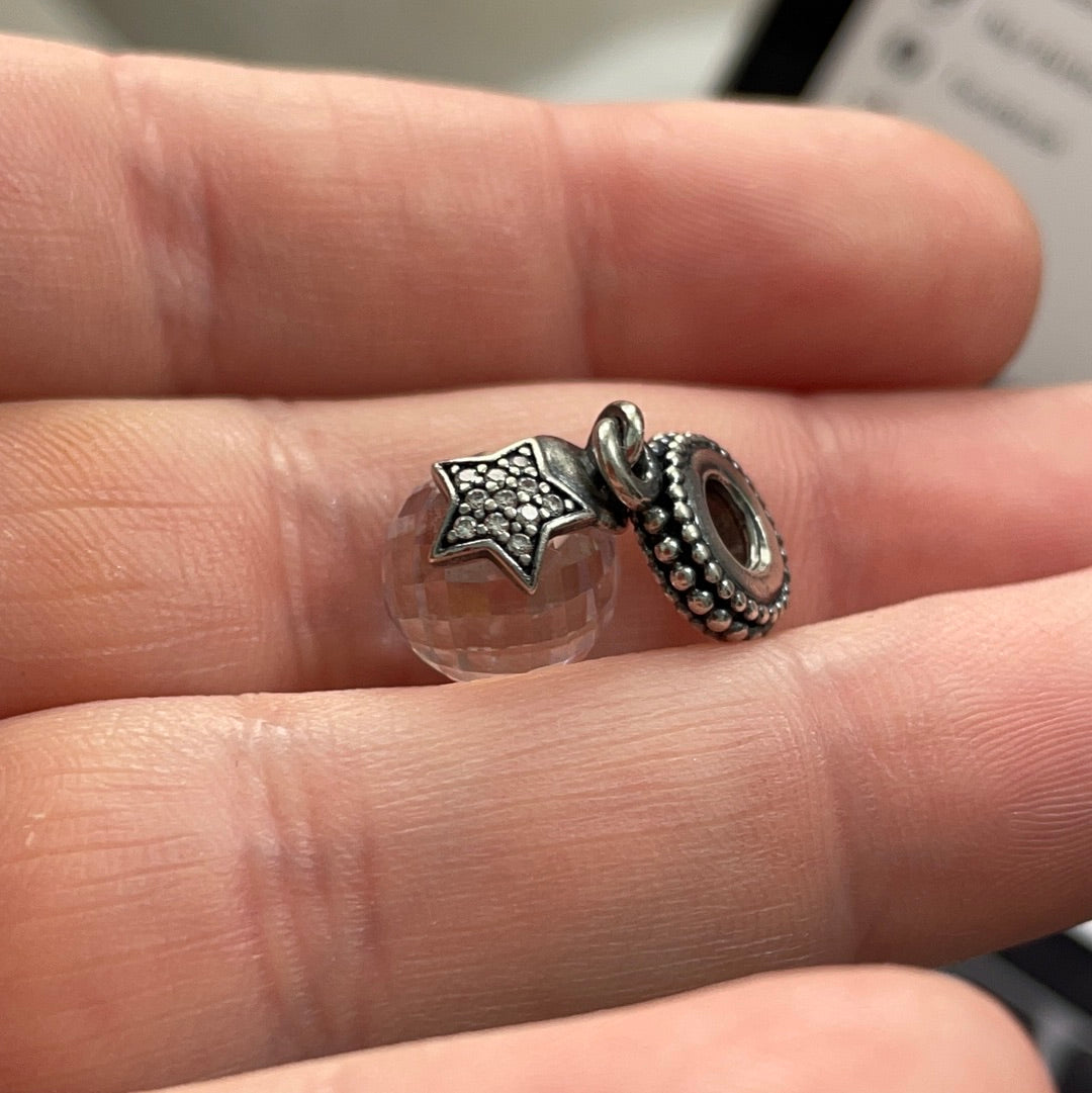 Genuine Pandora Clear Faceted Glass Murano Dangle With Pave Star Charm