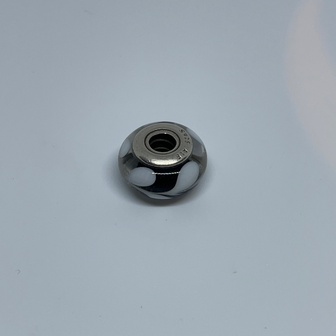 Genuine Pandora Black Murano Glass Charm with White Paint Flick Swirl