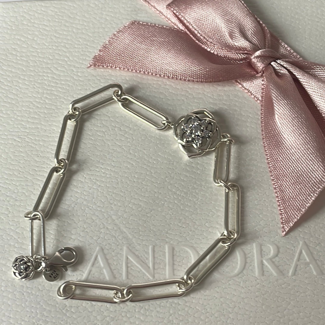 Genuine Pandora Rose Petals Pave Link Chain Bracelet Size 18cm