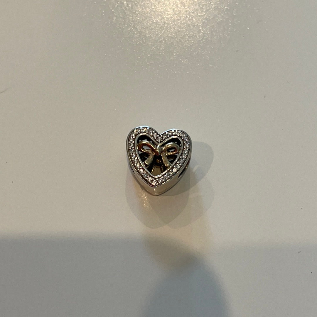 Genuine Pandora Openwork Pave Heart Shaped Charm With Gold Bow
