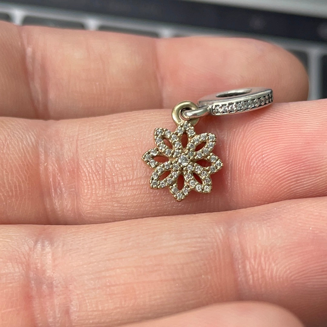 Genuine Pandora Two Tone Snowflake Pave Flower Rare Retired Dangle Charm