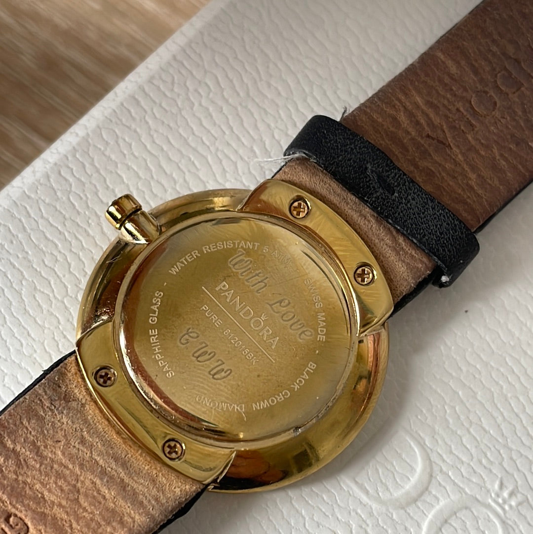 Genuine Pandora Gold Plated Hardware Black Crown Diamond Pure 8120158K Watch with Navy Leather Strap