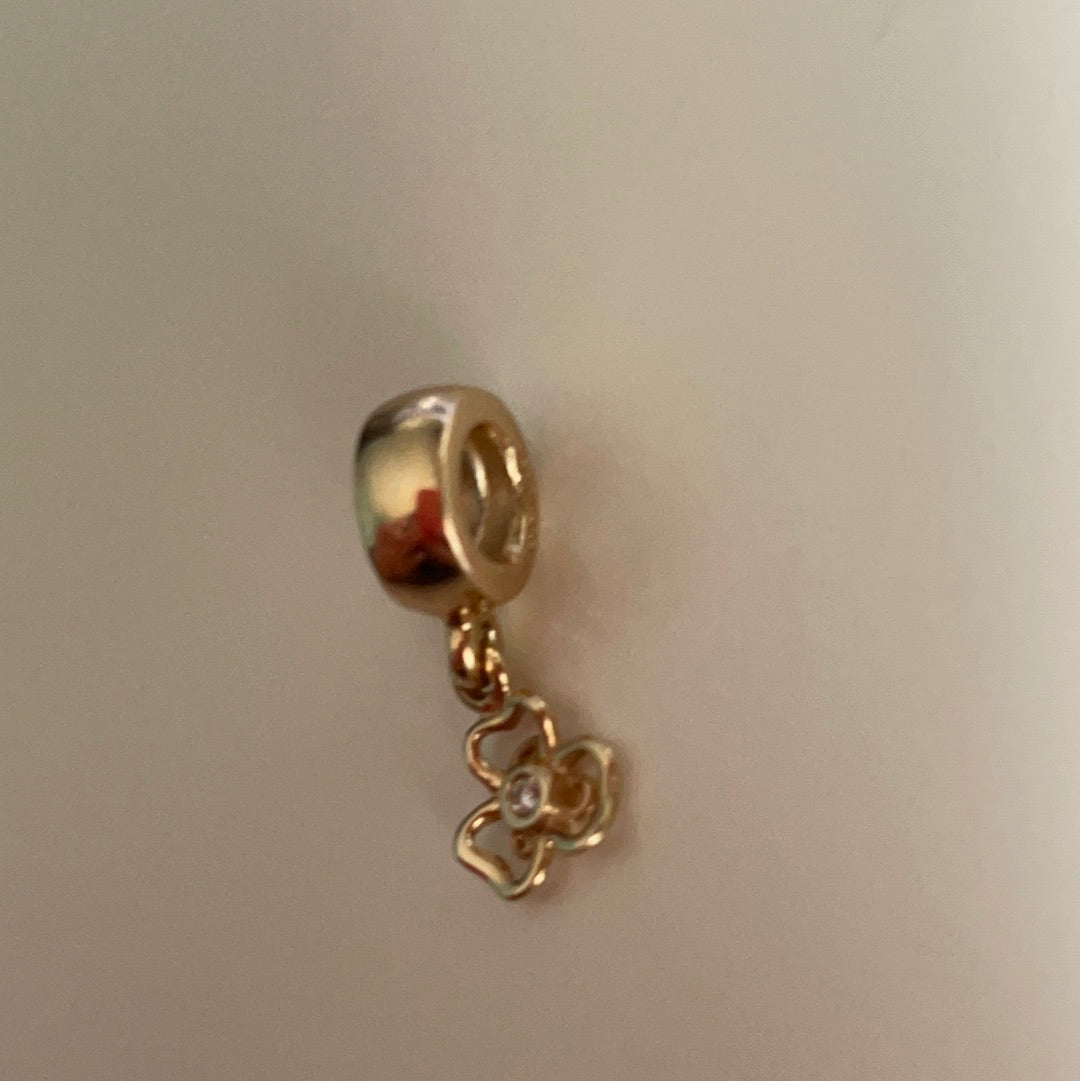 Genuine Pandora Solid 14ct Gold Diamond Flower Dangle Charm RARE HTF